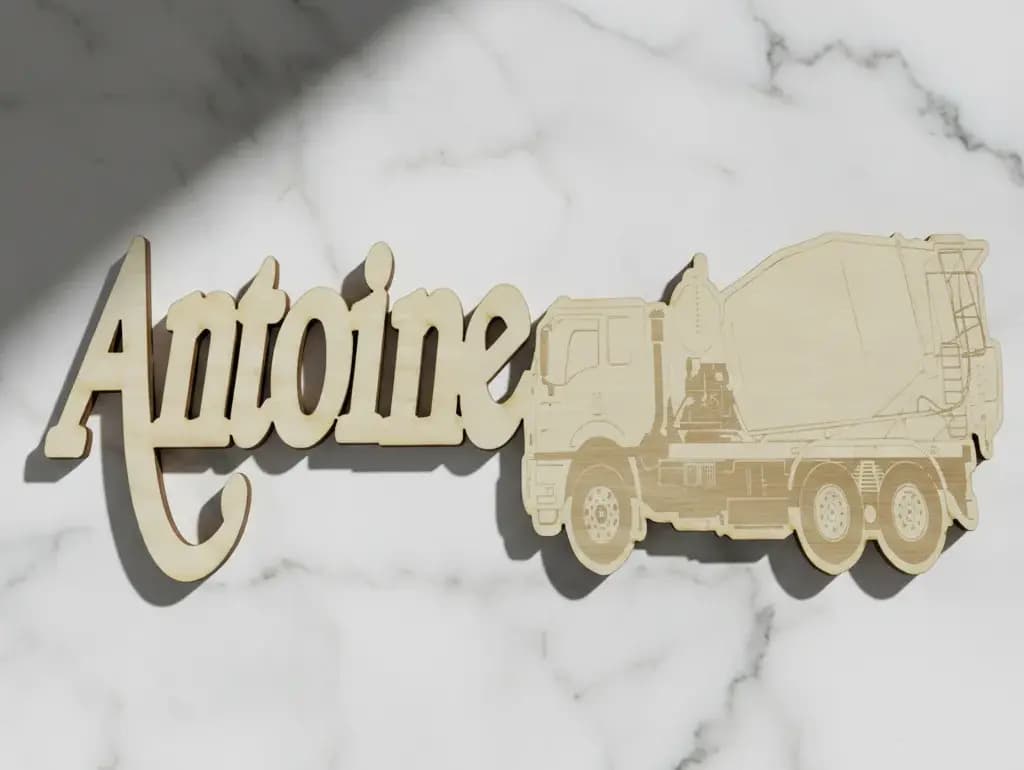 PRÉNOM DE PORTE DÉCOUPE/GRAVURE LASER BÉTONNIÈRE EN CONTRE PLAQUE 3 MM D'ÉPAISSEUR PERSONNALISABLE