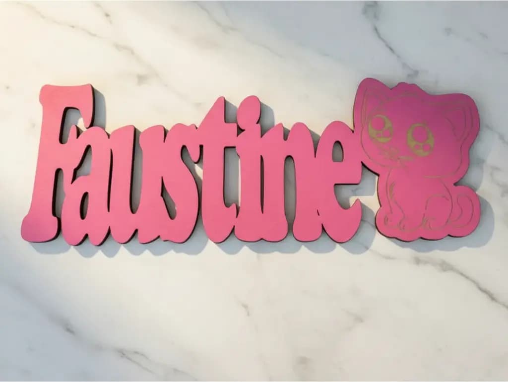 PRÉNOM DE PORTE DÉCOUPE/GRAVURE LASER CHATON EN CONTRE PLAQUE 3 MM D'ÉPAISSEUR PERSONNALISABLE