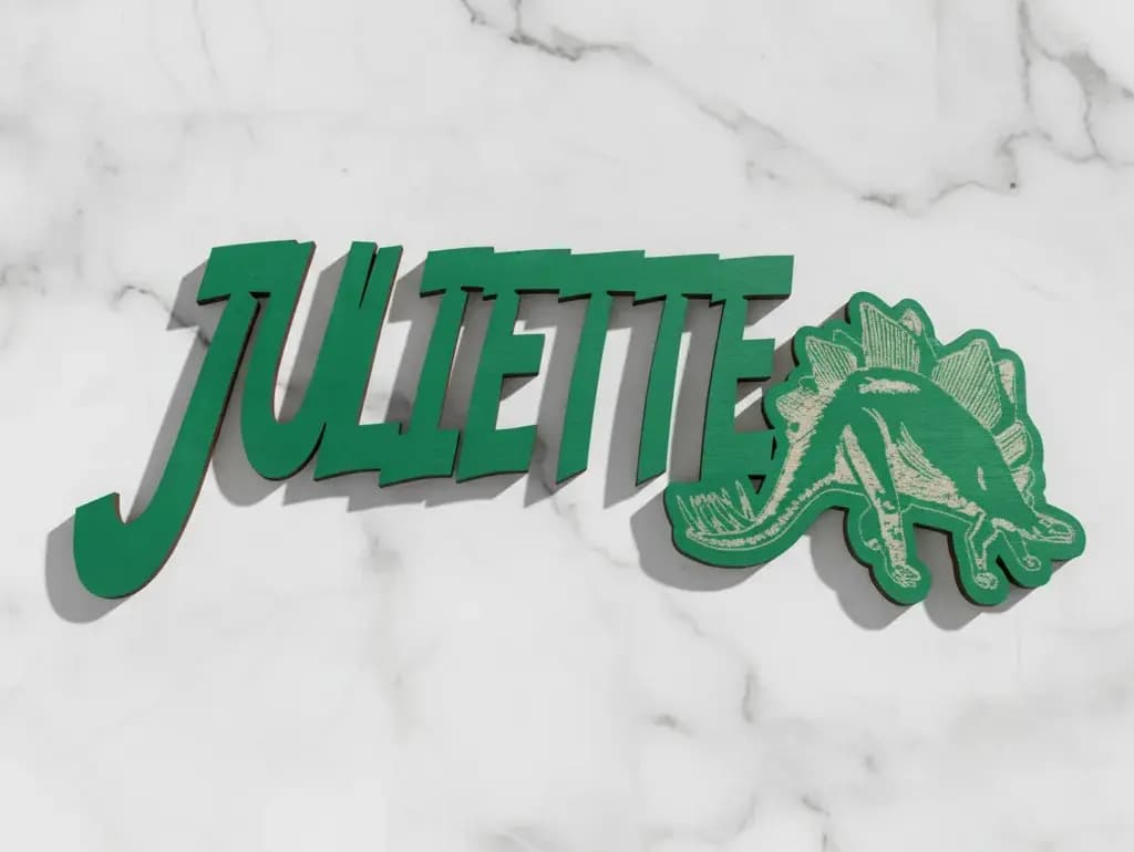 PRÉNOM DE PORTE DÉCOUPE/GRAVURE LASER DINOSAURE EN CONTRE PLAQUE 3 MM D'ÉPAISSEUR PERSONNALISABLE